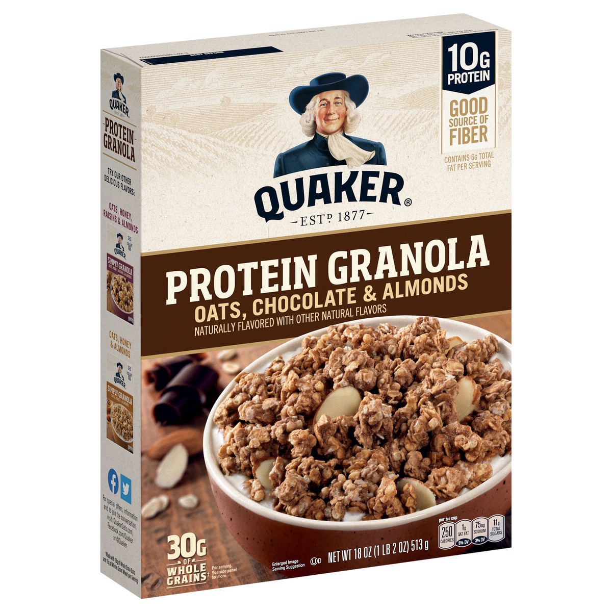 slide 4 of 6, Quaker Protein Granola, Chocolate & Almonds, Oats, 18 oz