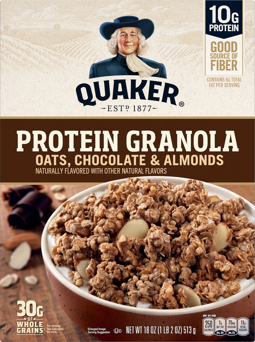 slide 1 of 6, Quaker Protein Granola, Chocolate & Almonds, Oats, 18 oz