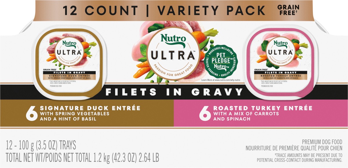 slide 15 of 17, Nutro Filets in Gravy Premium Signature Duck Entree/Roasted Turkey Entree Dog Food Variety Pack 12 - 3.5 oz Trays, 2.63 Lb