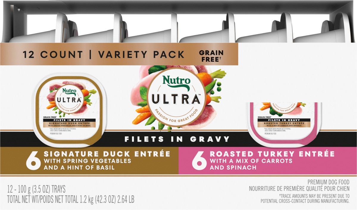 slide 9 of 17, Nutro Filets in Gravy Premium Signature Duck Entree/Roasted Turkey Entree Dog Food Variety Pack 12 - 3.5 oz Trays, 2.63 Lb