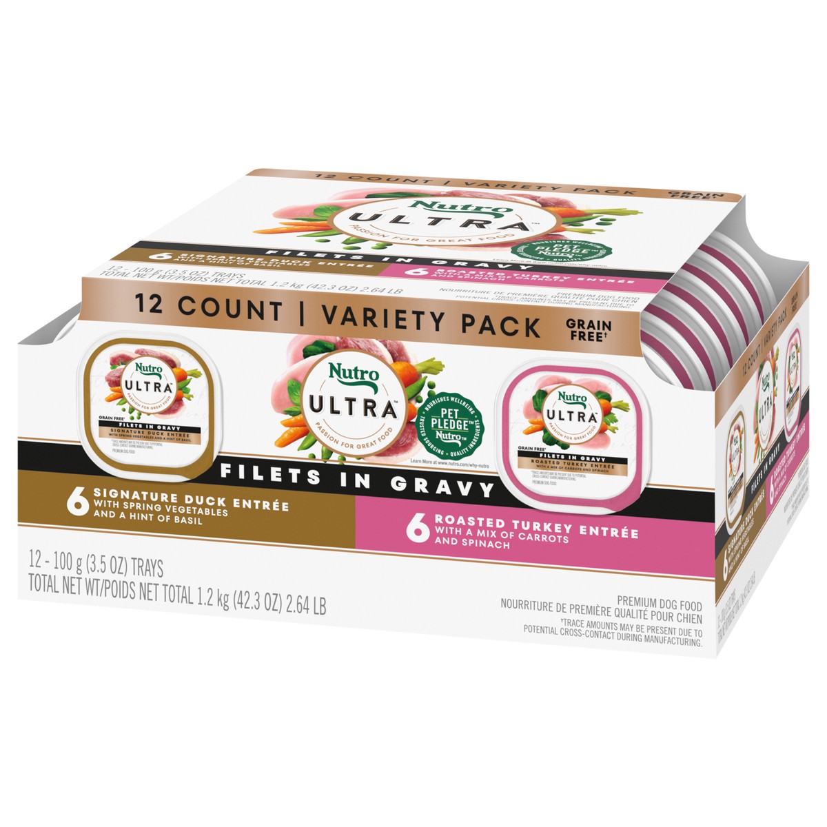 slide 16 of 17, Nutro Filets in Gravy Premium Signature Duck Entree/Roasted Turkey Entree Dog Food Variety Pack 12 - 3.5 oz Trays, 2.63 Lb