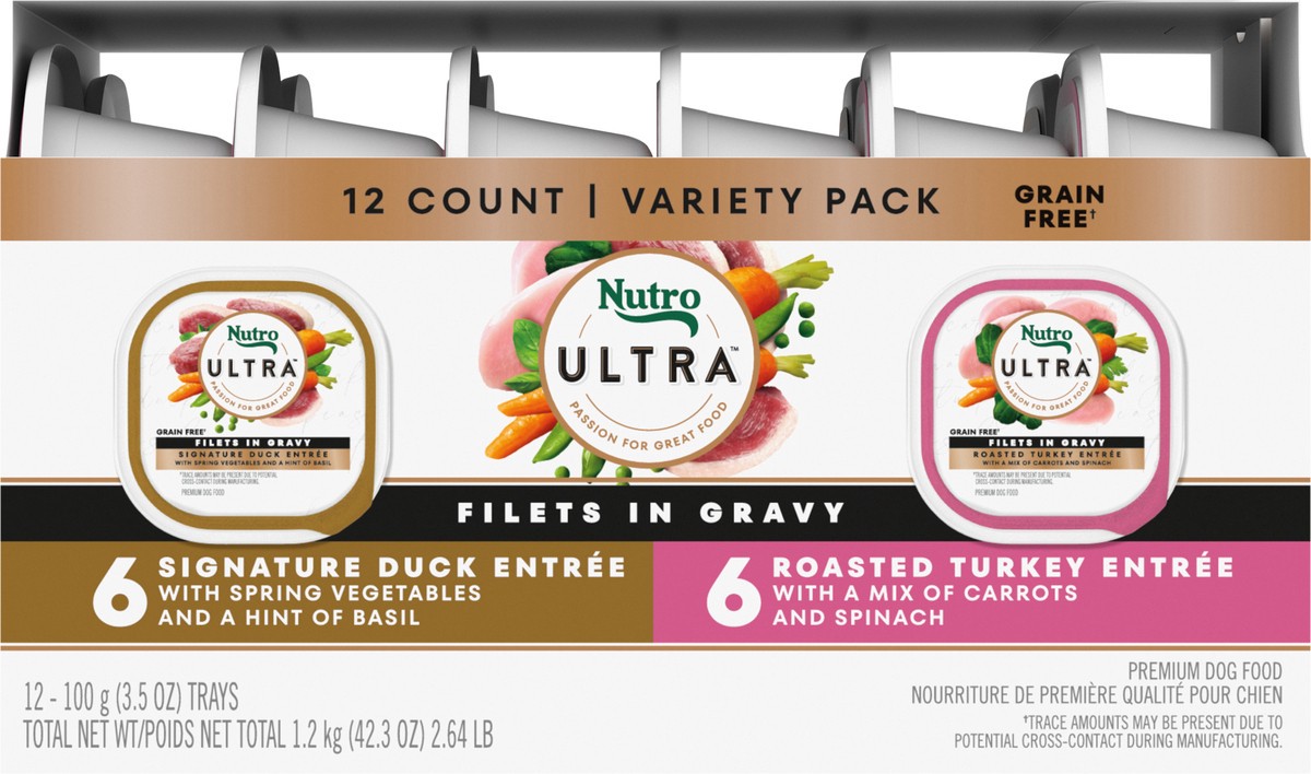 slide 13 of 17, Nutro Filets in Gravy Premium Signature Duck Entree/Roasted Turkey Entree Dog Food Variety Pack 12 - 3.5 oz Trays, 2.63 Lb