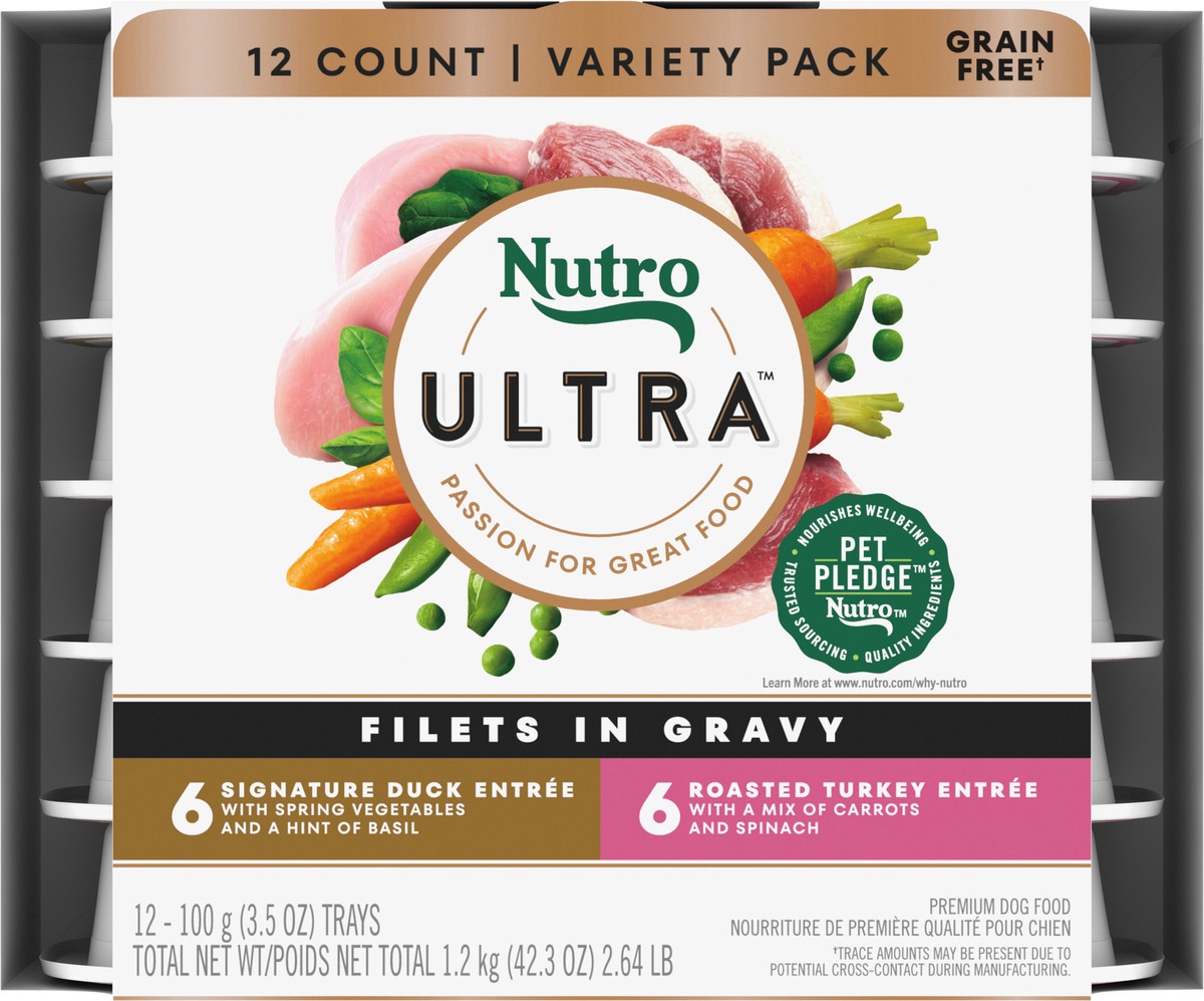 slide 5 of 17, Nutro Filets in Gravy Premium Signature Duck Entree/Roasted Turkey Entree Dog Food Variety Pack 12 - 3.5 oz Trays, 2.63 Lb