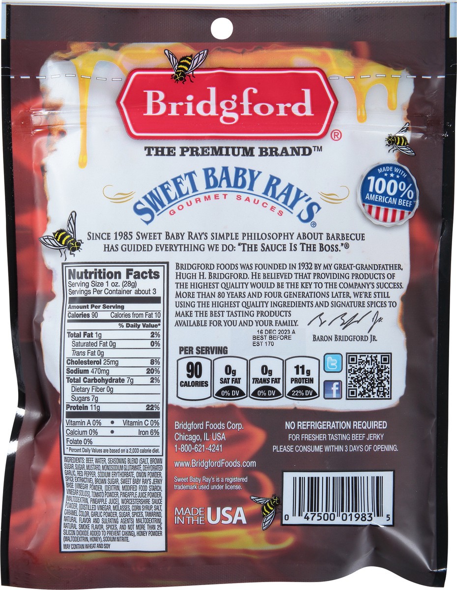 slide 3 of 9, Bridgford Sweet Baby Ray's Honey BBQ Beef Jerky, 2.85 oz, 2.85 oz