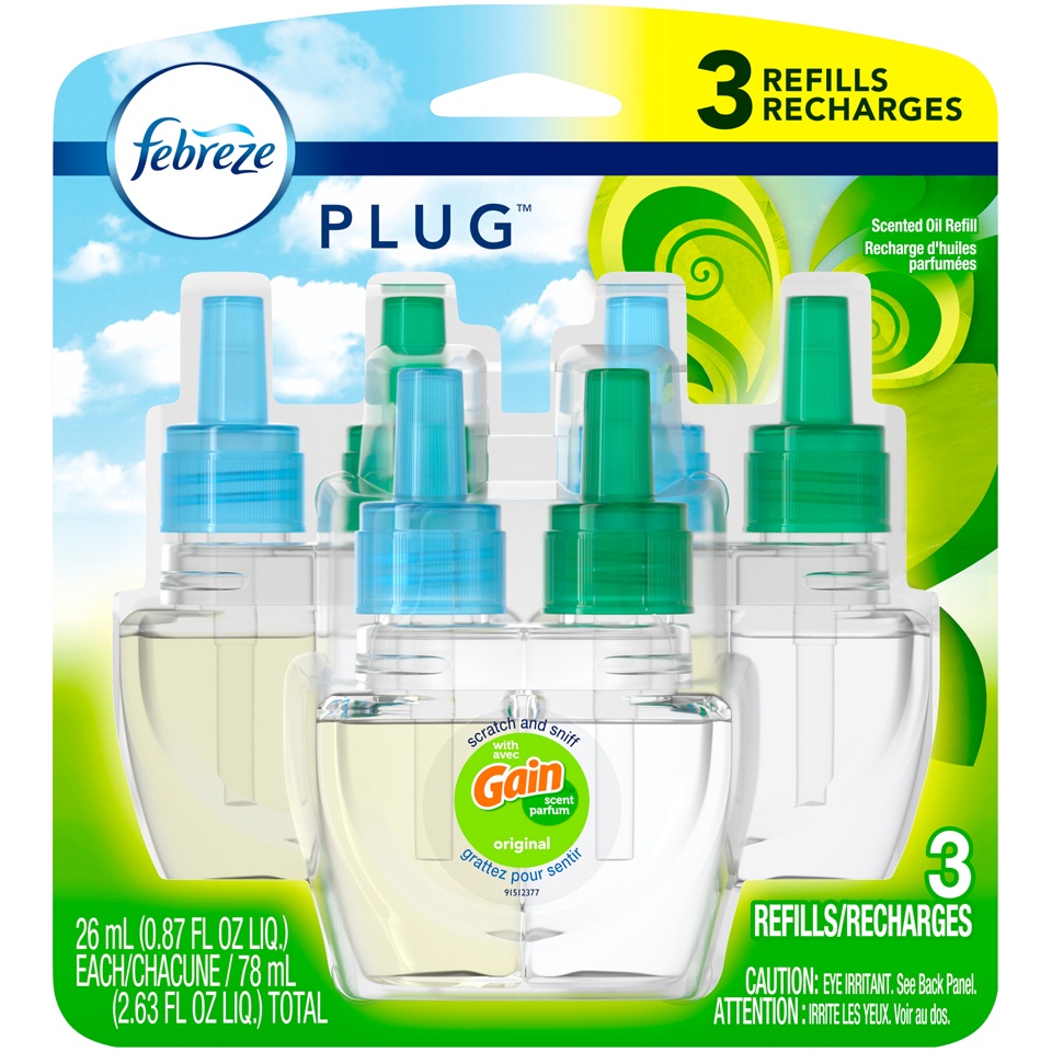 slide 1 of 1, Febreze Plug Air Freshener Scented Oil Refill, Gain Original Scent, 3 ct