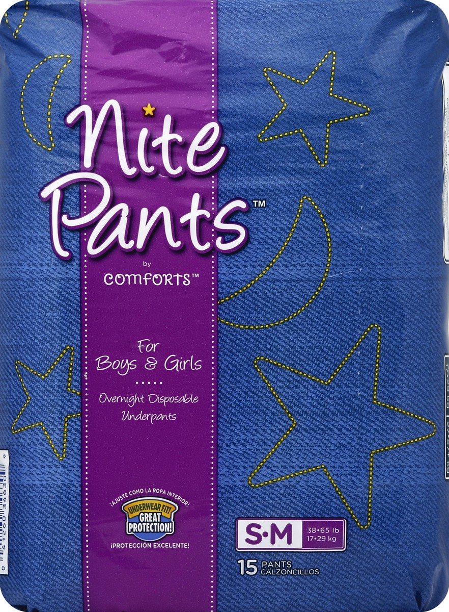 slide 5 of 5, Comforts Nite Pants S-M Boys & Girls Overnight Disposable Underpants, 15 ct