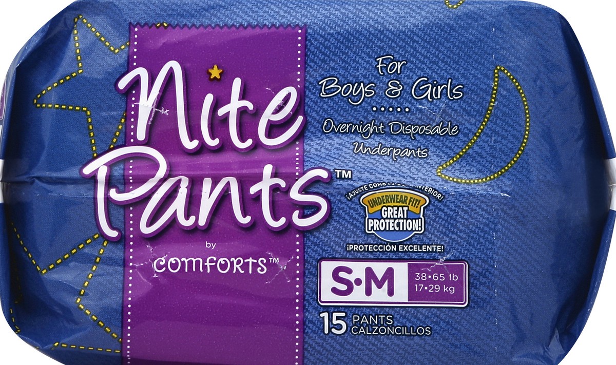 slide 2 of 5, Comforts Nite Pants S-M Boys & Girls Overnight Disposable Underpants, 15 ct