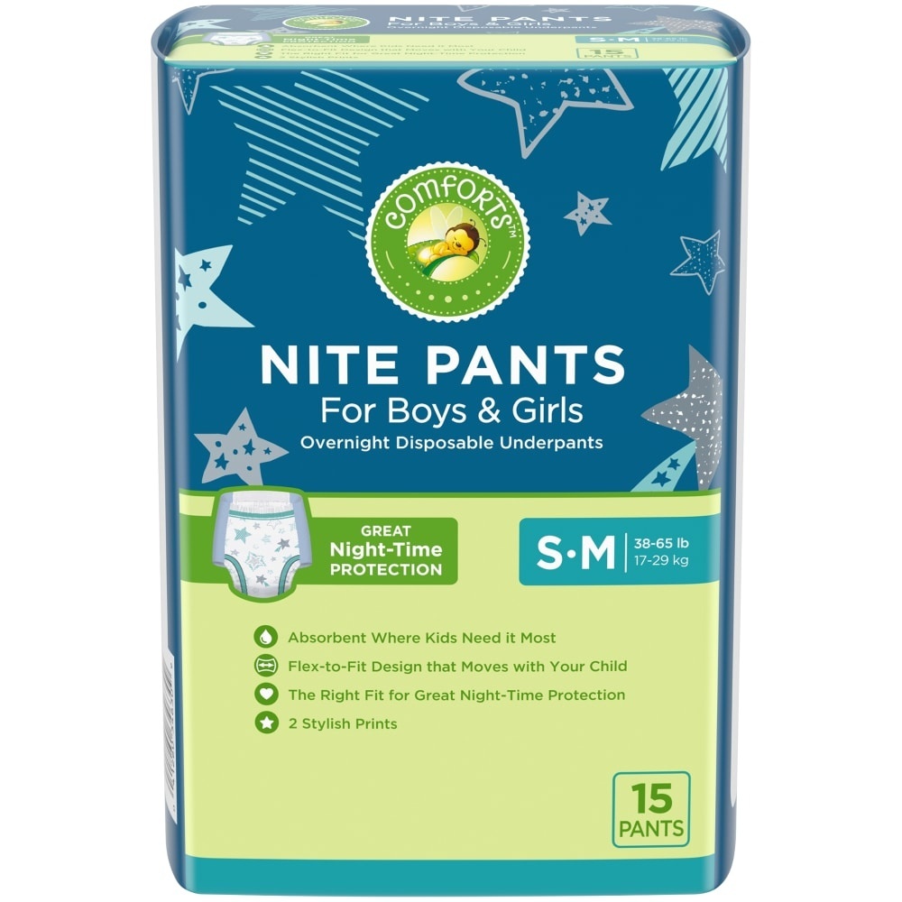 slide 1 of 5, Comforts Nite Pants S-M Boys & Girls Overnight Disposable Underpants, 15 ct