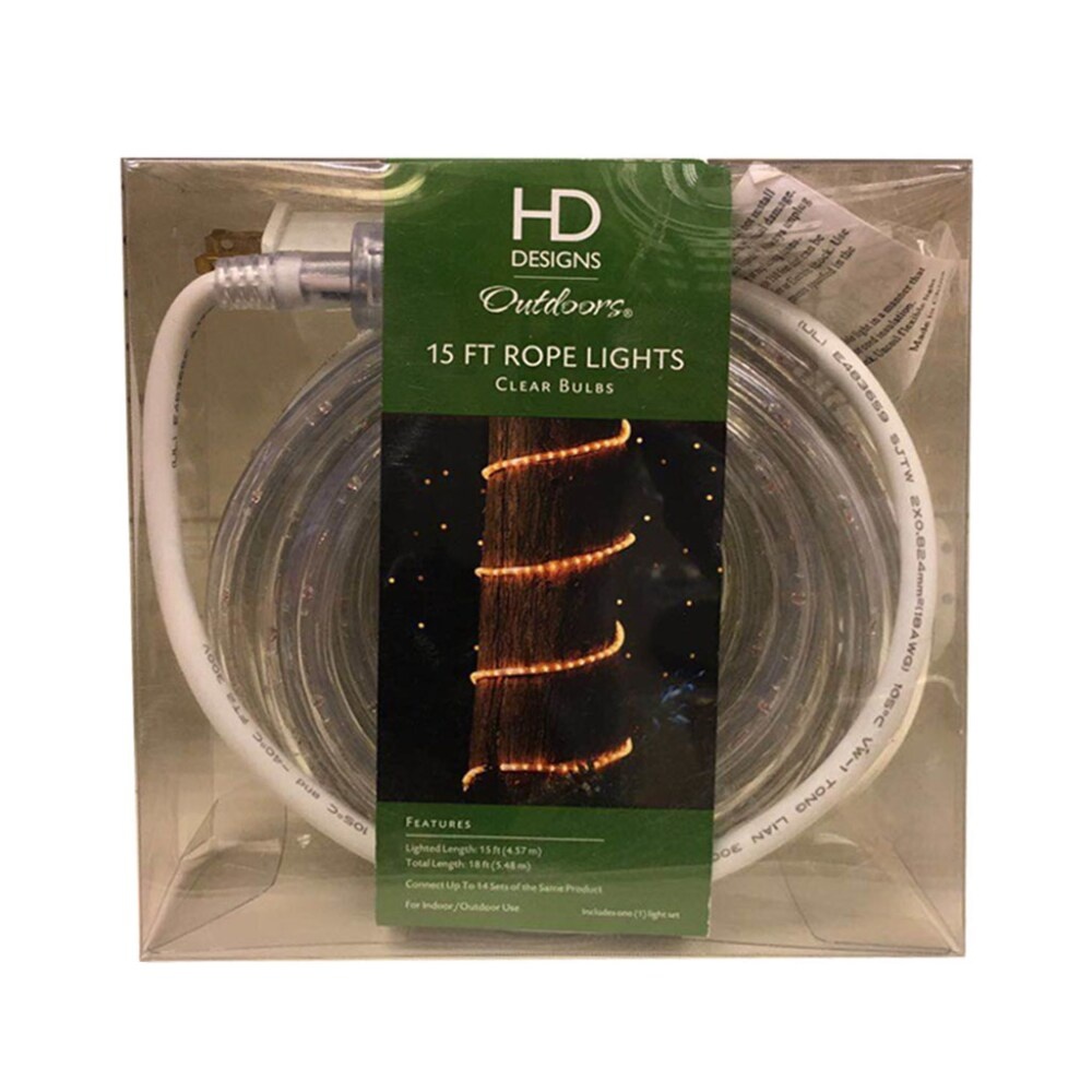 slide 1 of 1, Hd Designs Outdoors Clear Bulbs Rope Lights, 15 ft