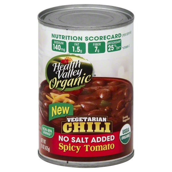 slide 1 of 1, Health Valley Chili, Vegetarian, No Salt Added, Spicy Tomato, 15 oz