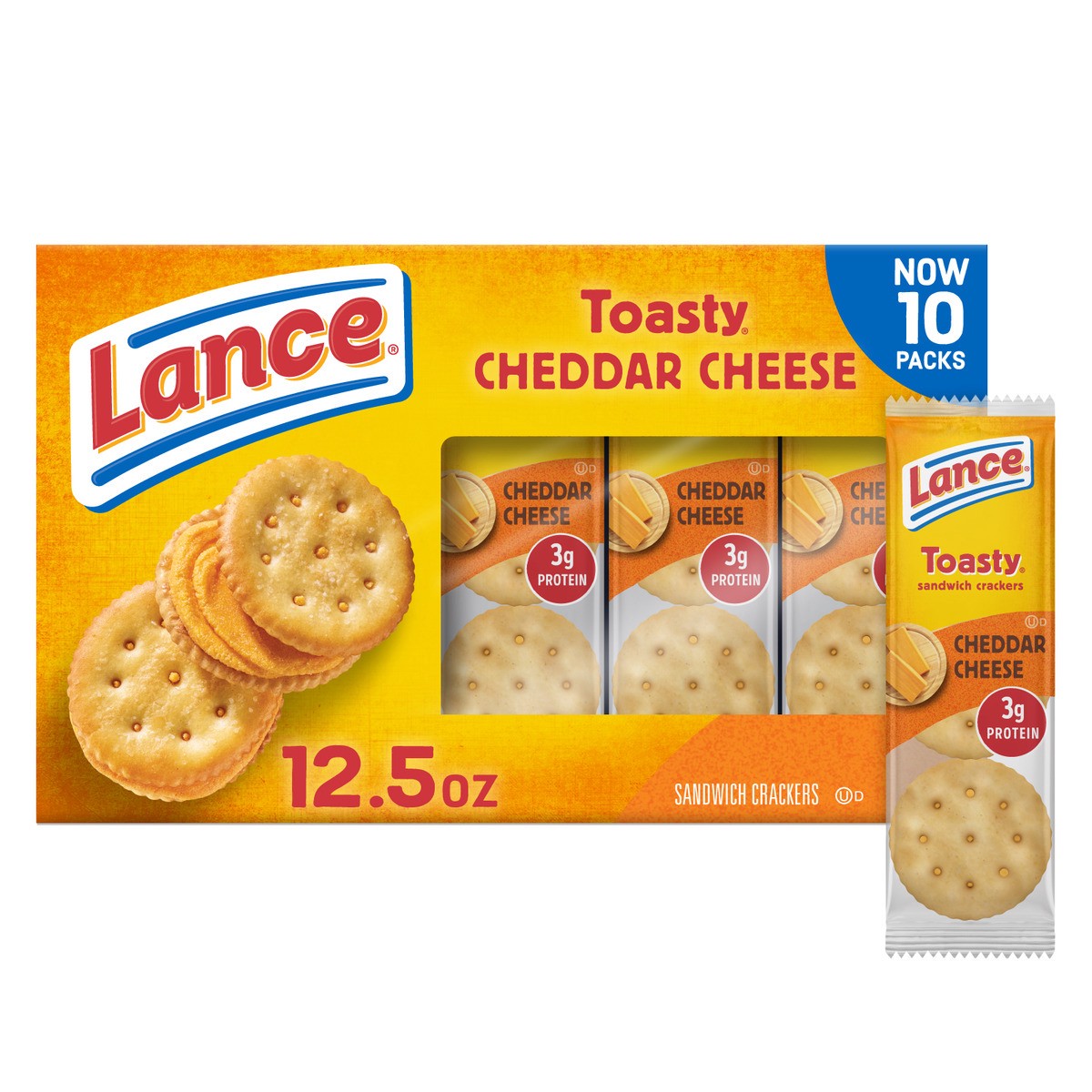 slide 1 of 12, Lance Toasty Cheddar Sandwich Crackers, 10 Packs, 6 Sandwiches Each, 12.500 oz