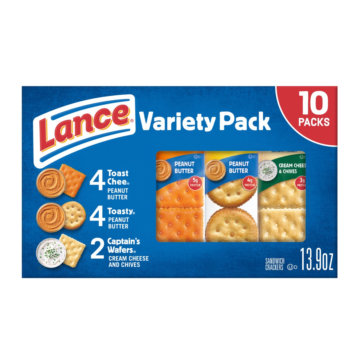 slide 1 of 12, Lance Sandwich Crackers, Variety Pack, 3 Flavors, 10 Individually Wrapped Packs, 6 Sandwiches Each, 13.900 oz