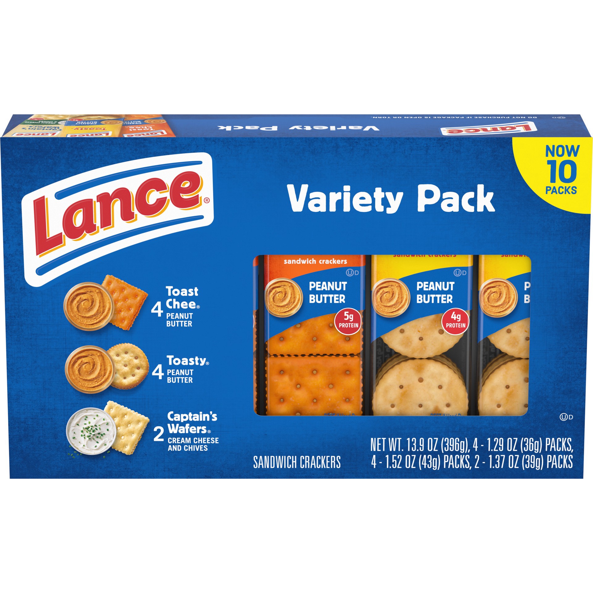 slide 1 of 1, Lance Sandwich Crackers, Variety Pack, 3 Flavors, 10 Individually Wrapped Packs, 6 Sandwiches Each, 13.900 oz
