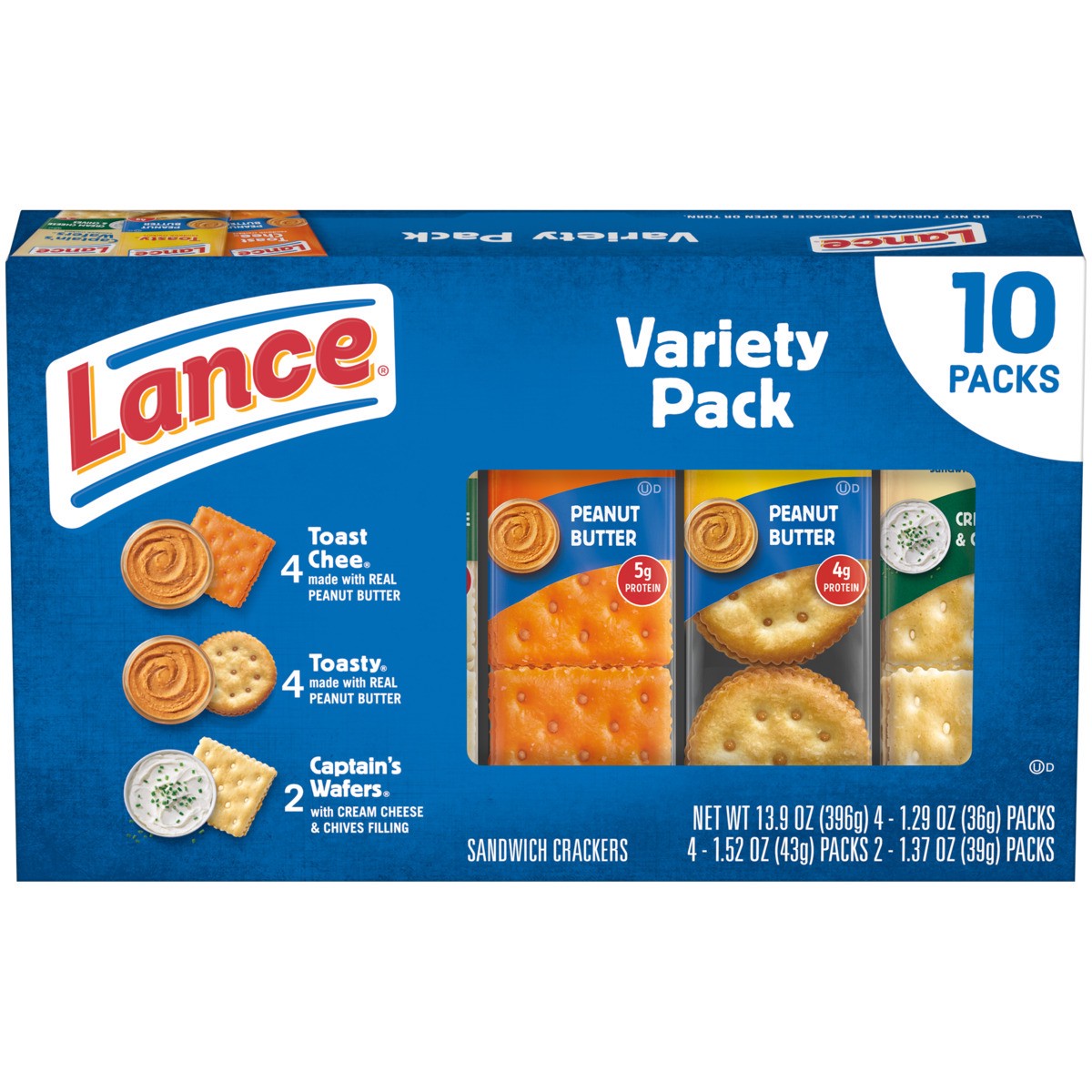 slide 1 of 11, Lance Sandwich Crackers, Variety Pack, 3 Flavors, 10 Individually Wrapped Packs, 6 Sandwiches Each, 13.900 oz