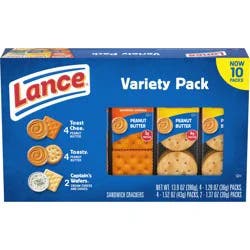 Lance Sandwich Crackers, Variety Pack, 3 Flavors, 10 Individually Wrapped Packs, 6 Sandwiches Each