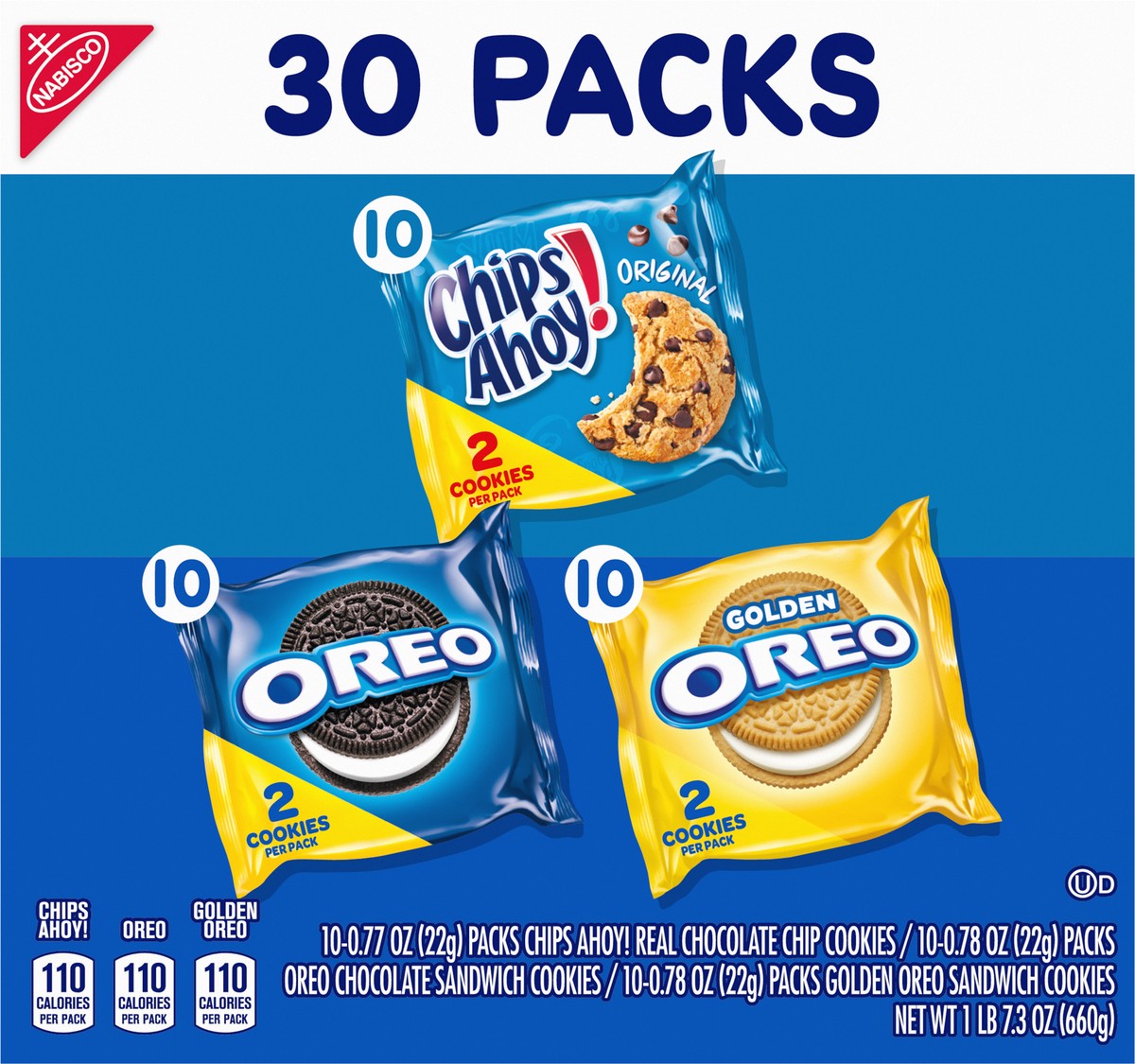 slide 7 of 9, Chips Ahoy!/Oreo Nabisco Sweet Treats Cookie Variety Pack OREO, OREO Golden & CHIPS AHOY!, 30 Snack Packs (2 Cookies Per Pack), 23.3 oz