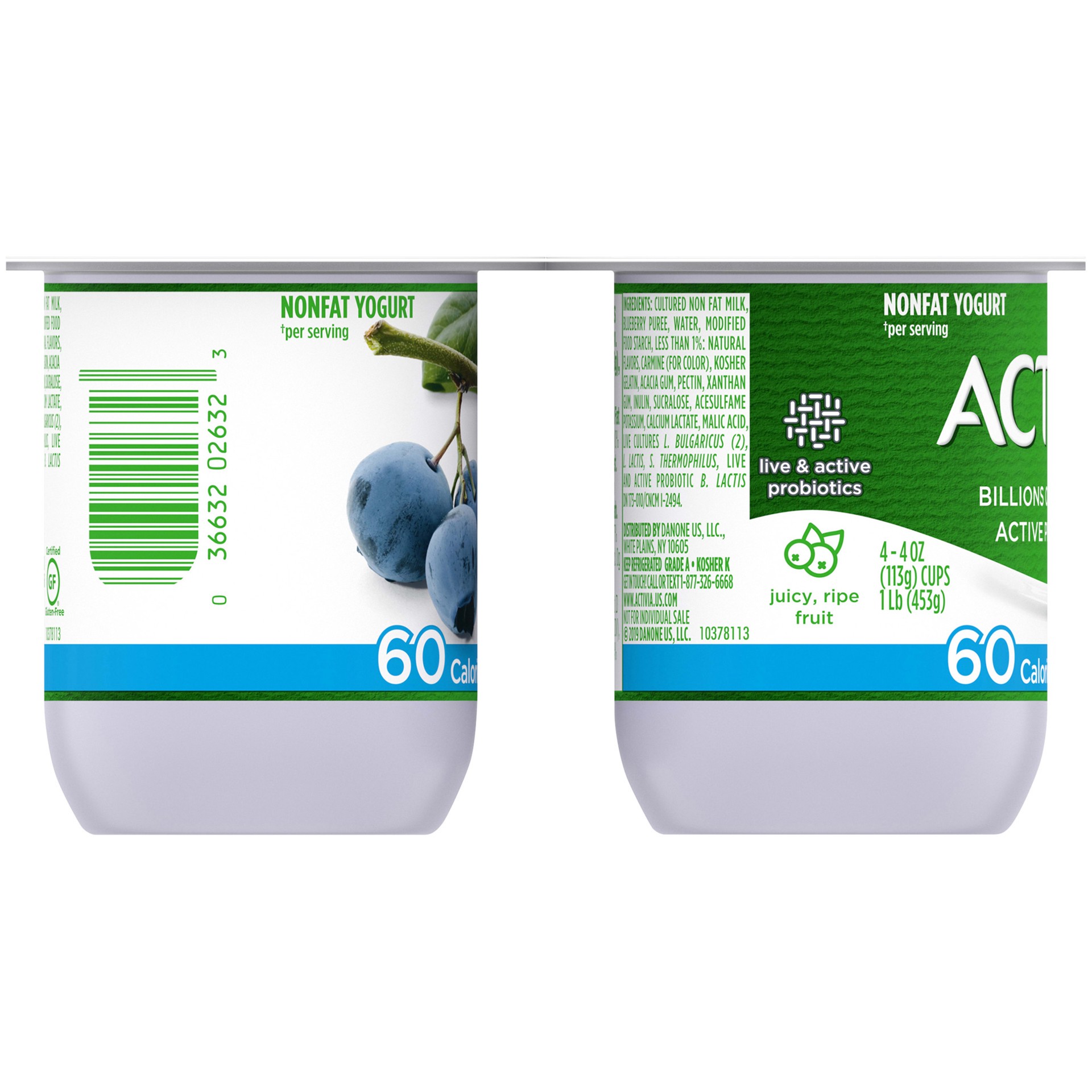 slide 2 of 5, Activia 60 Calories Probiotic Nonfat Yogurt, Blueberry, Non-GMO Project Verified, 4 oz., 4 Pack, 4 oz