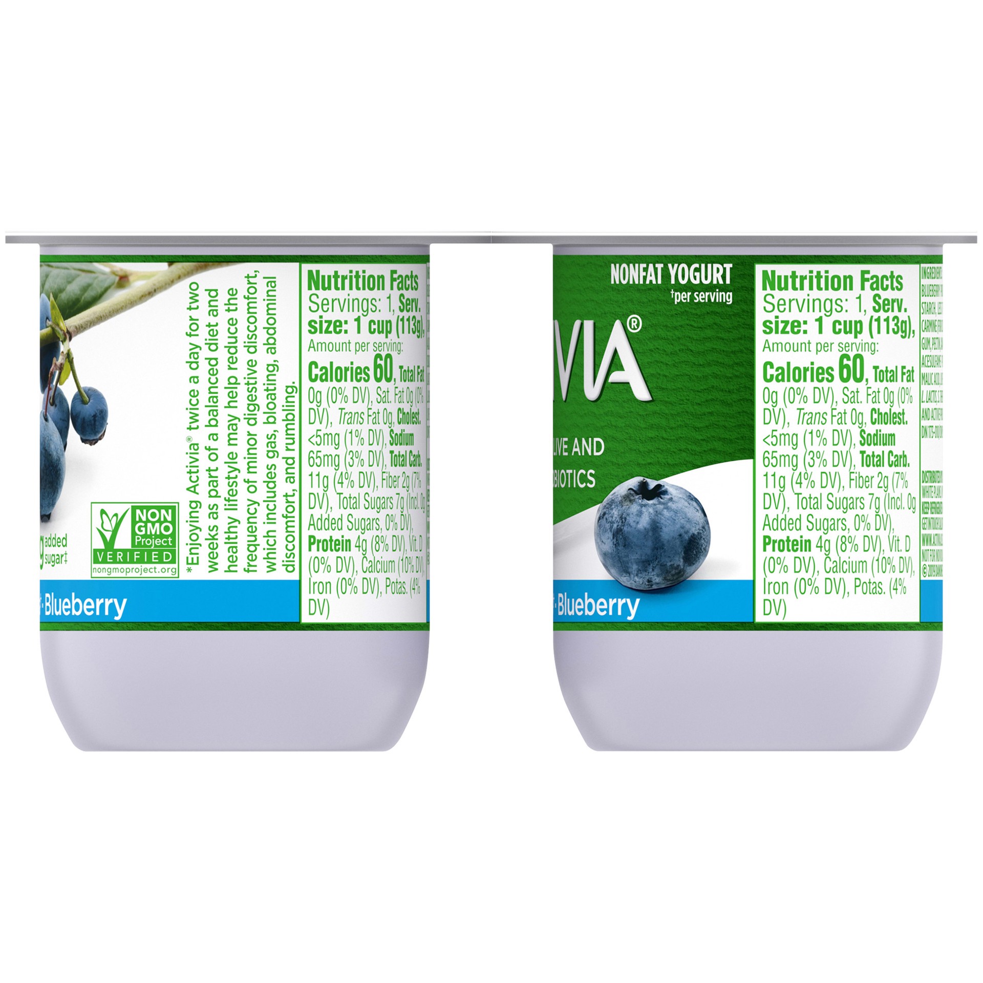 slide 3 of 5, Activia 60 Calories Probiotic Nonfat Yogurt, Blueberry, Non-GMO Project Verified, 4 oz., 4 Pack, 4 oz