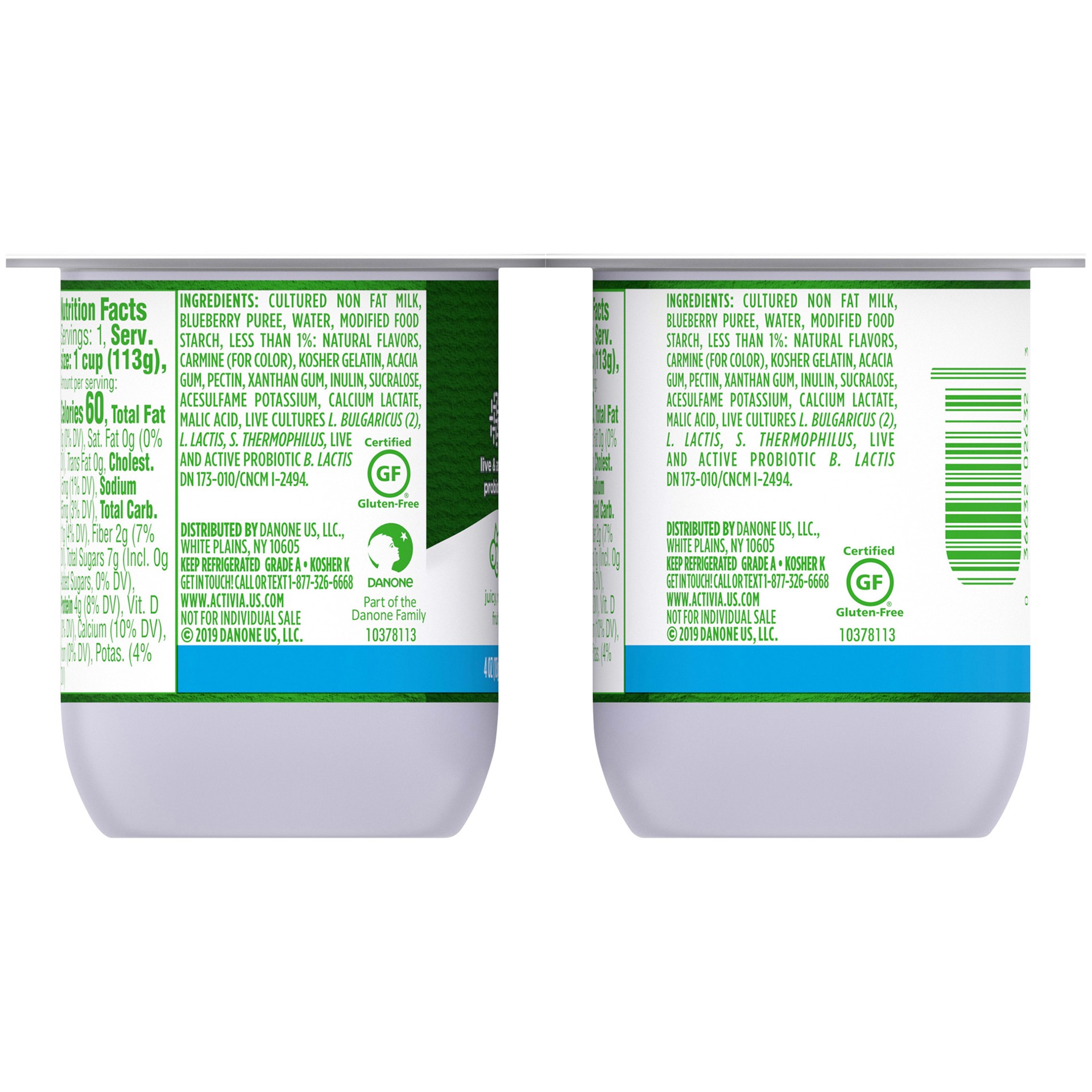 slide 4 of 5, Activia 60 Calories Probiotic Nonfat Yogurt, Blueberry, Non-GMO Project Verified, 4 oz., 4 Pack, 4 oz