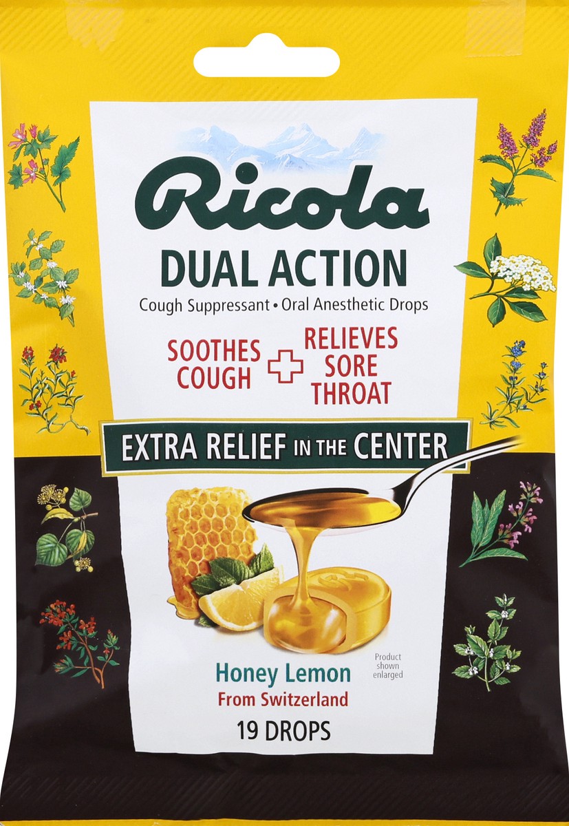 slide 7 of 9, Ricola Dual Action Cough & Sore Throat Relief Drops - Honey Lemon - 19ct, 19 ct