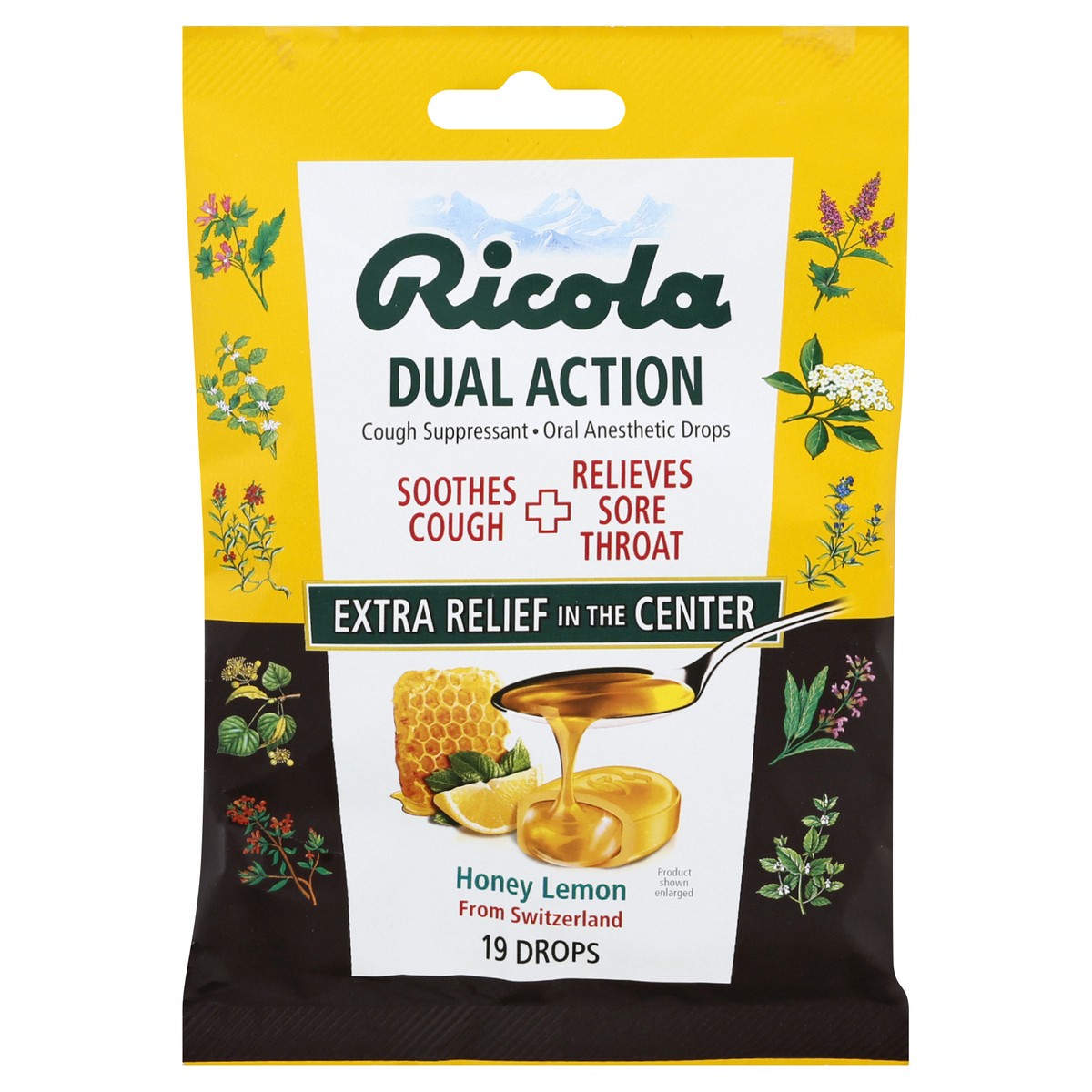 slide 1 of 9, Ricola Dual Action Cough & Sore Throat Relief Drops - Honey Lemon - 19ct, 19 ct