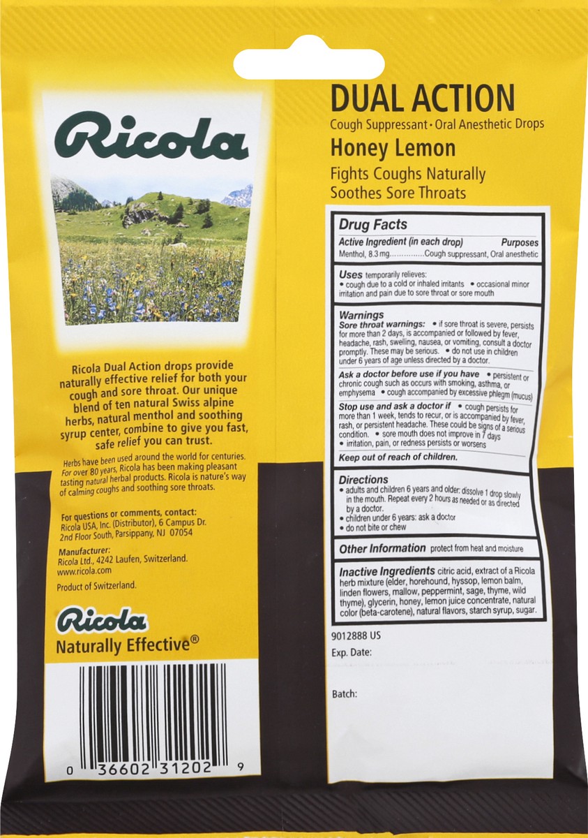 slide 8 of 9, Ricola Dual Action Cough & Sore Throat Relief Drops - Honey Lemon - 19ct, 19 ct