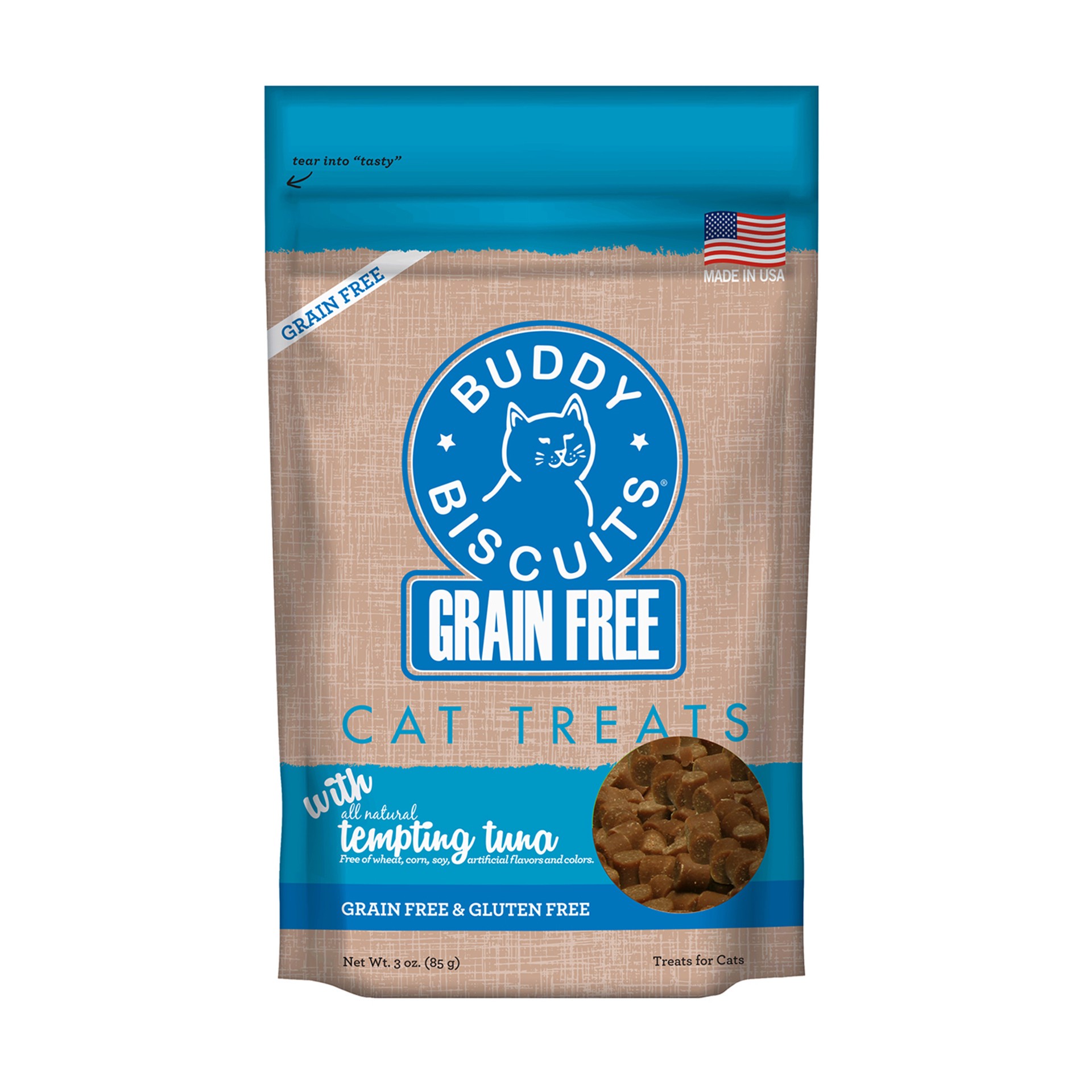 slide 1 of 9, Buddy Biscuits Soft & Chewy Grain Free Cat Treats, Tuna, 3 oz. Pouch, 3 oz