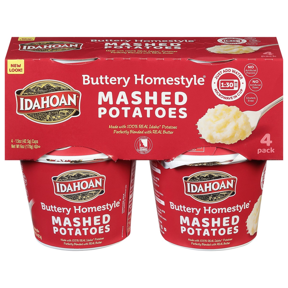 slide 1 of 9, Idahoan Buttery Homestyle Mashed Potatoes 4 - 1.5 oz Cups, 4 ct