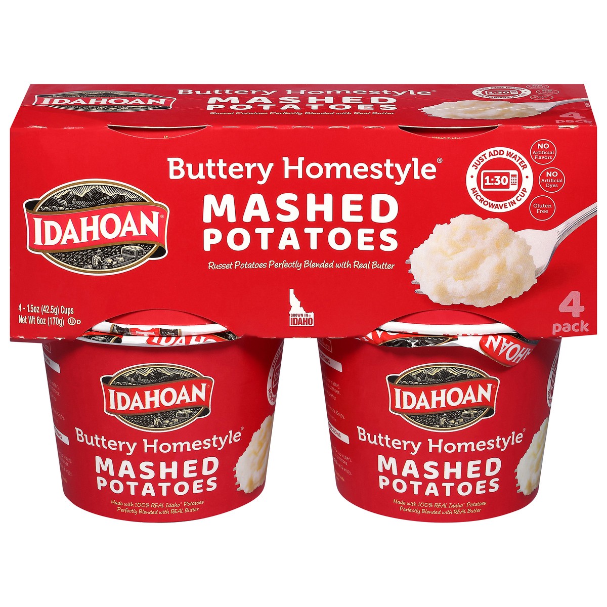 slide 1 of 9, Idahoan Buttery Homestyle Mashed Potatoes 4 - 1.5 oz Cups, 4 ct