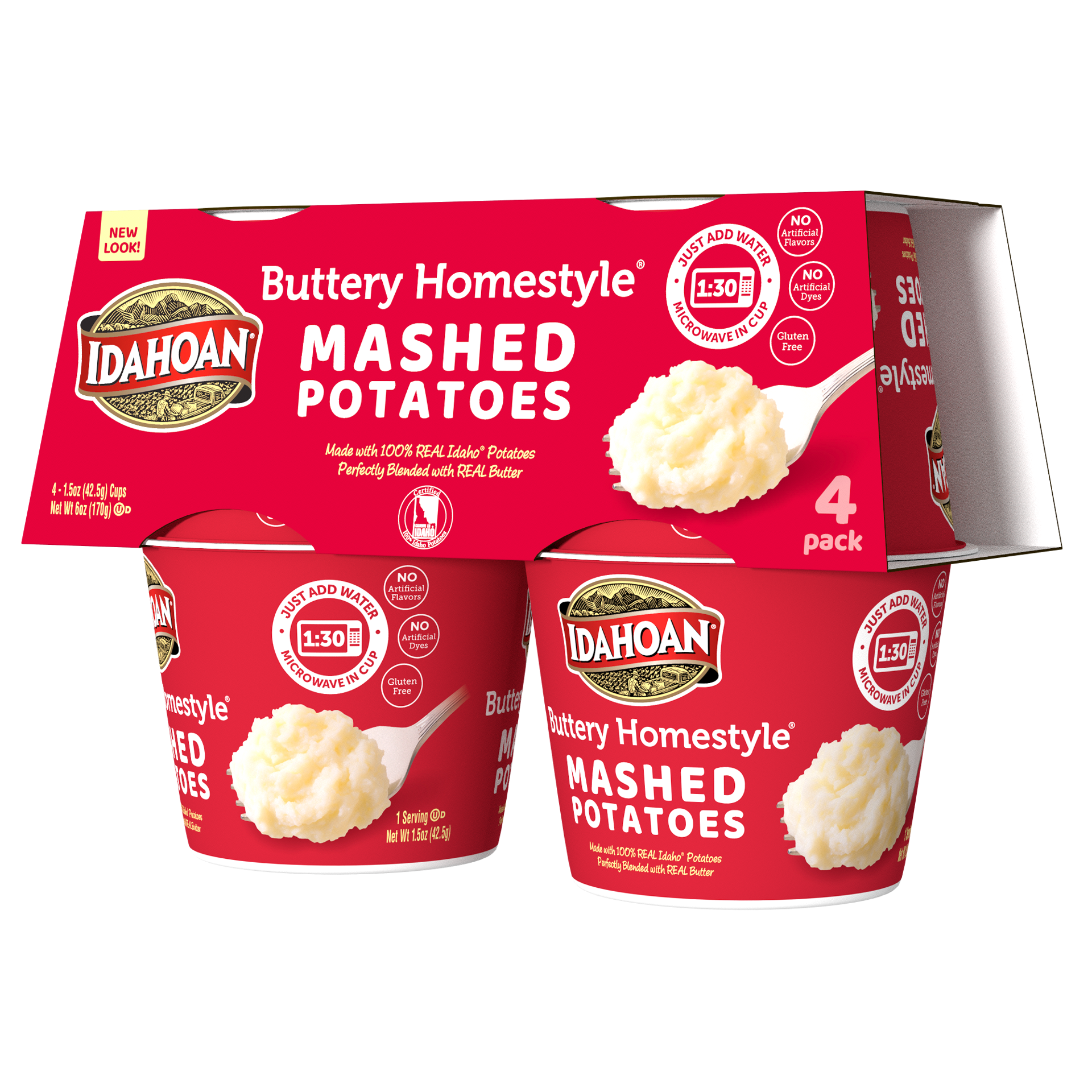 slide 1 of 9, Idahoan Buttery Homestyle Mashed Potatoes Microwavable Cups, 4 ct; 1.5 oz