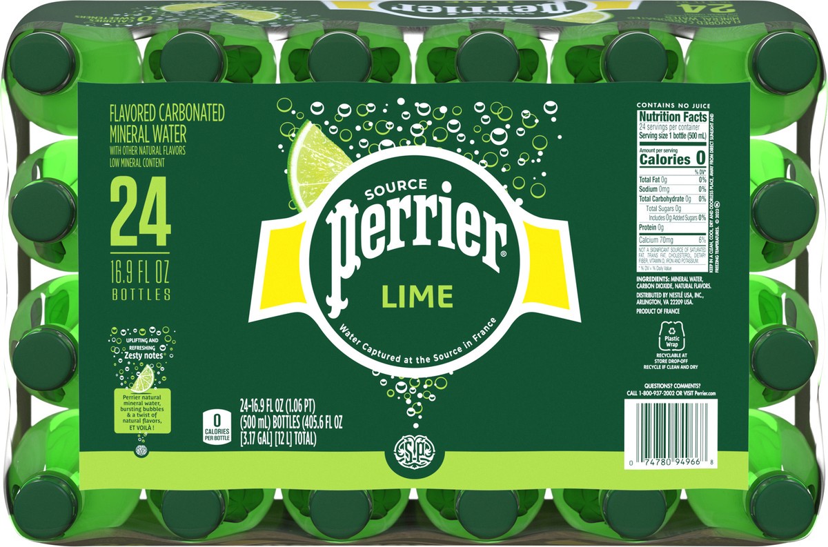 slide 11 of 13, PERRIER Lime Flavored Sparkling Water, Plastic Water Bottles (24 Count) 405.6 fl oz., 24 ct