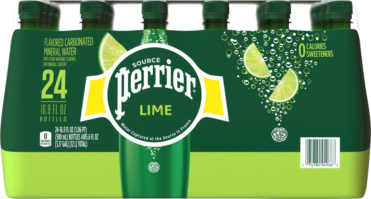 slide 3 of 13, PERRIER Lime Flavored Sparkling Water, Plastic Water Bottles (24 Count) 405.6 fl oz., 24 ct