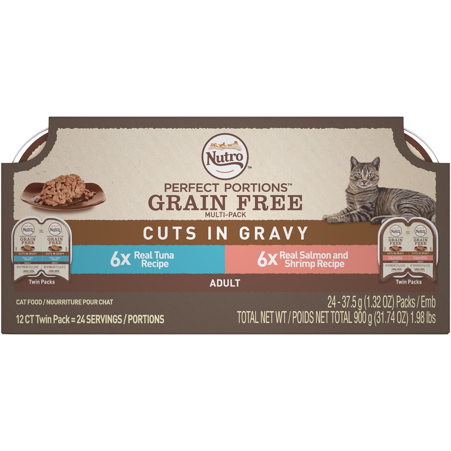 slide 1 of 1, Nutro Perfect Portions Cuts in Gravy Variety Pack Real Tuna, Salmon and Shrimp Wet Cat Food Trays, 2.65 oz