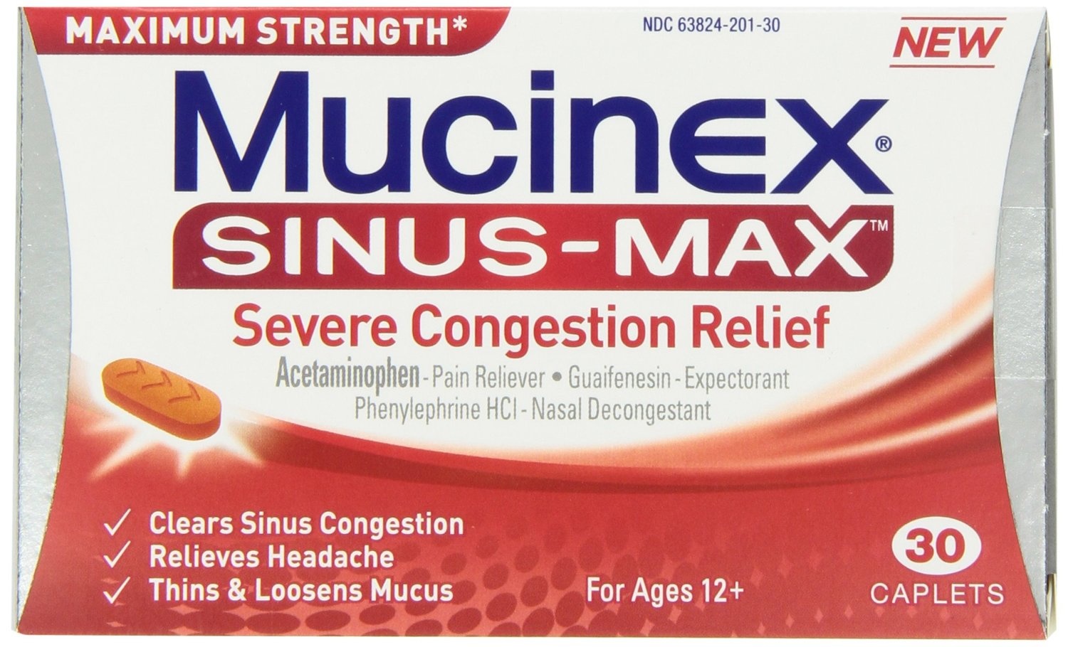 slide 1 of 1, Mucinex Sinus Max Severe Congestion Relief Caplets, 30 ct