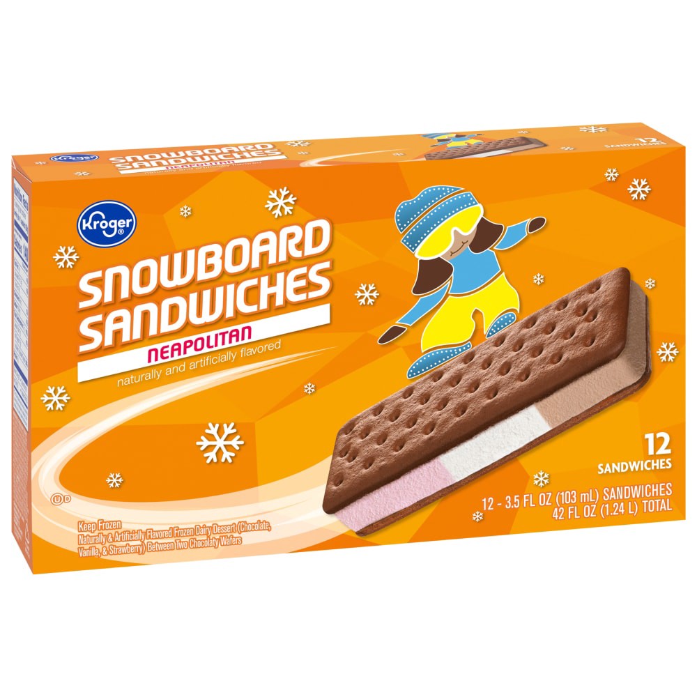 slide 1 of 6, Kroger Snowboard Neapolitan Ice Cream Sandwiches, 42 fl oz
