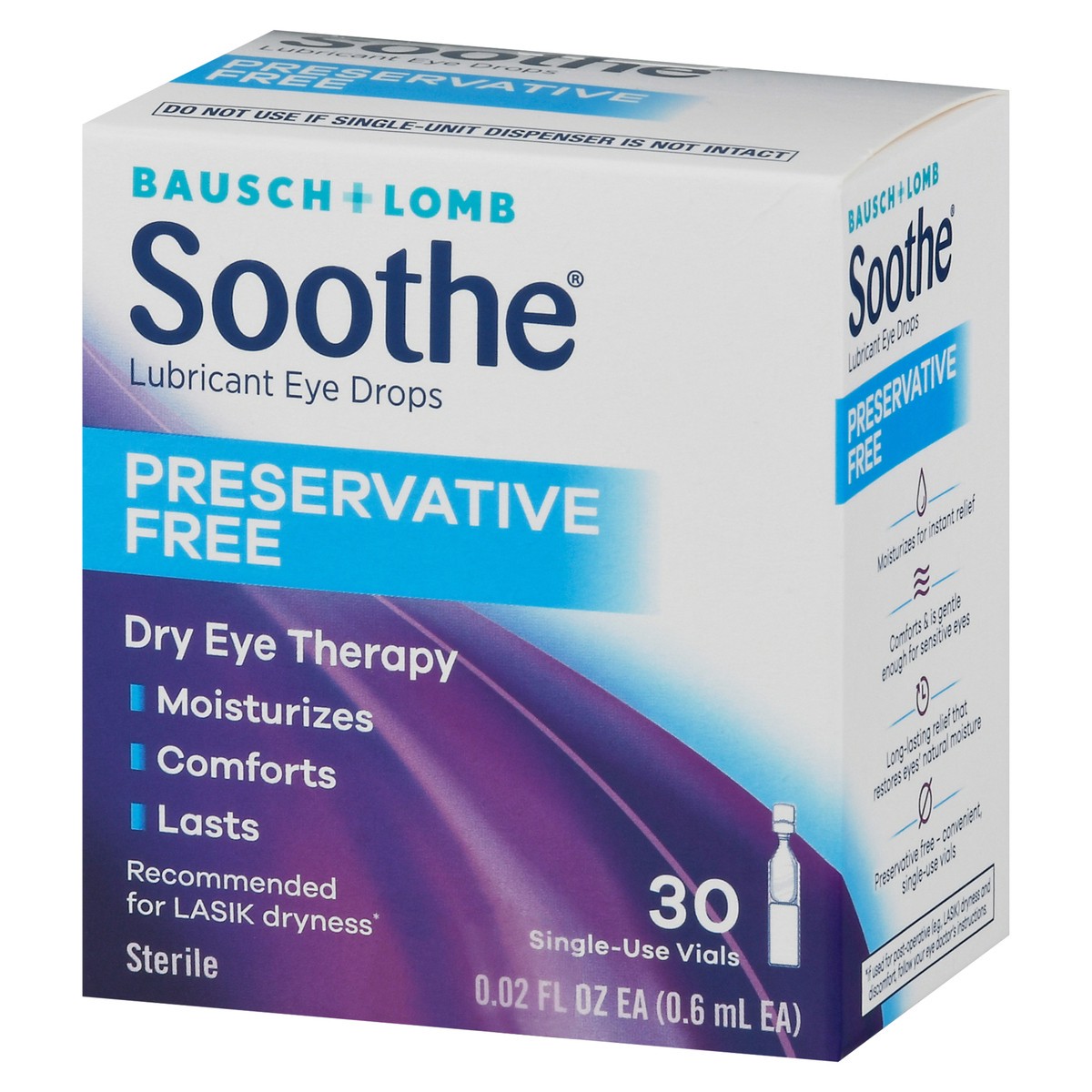 slide 7 of 10, Bausch + Lomb Soothe Preservative Free Lubricant Eye Drops 30 - 0.02 fl oz Bottles, 30 ct