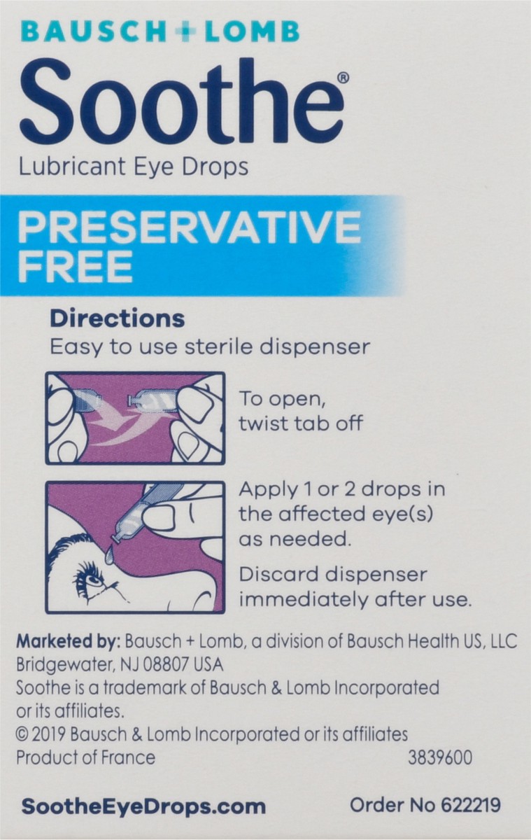 slide 6 of 10, Bausch + Lomb Soothe Preservative Free Lubricant Eye Drops 30 - 0.02 fl oz Bottles, 30 ct