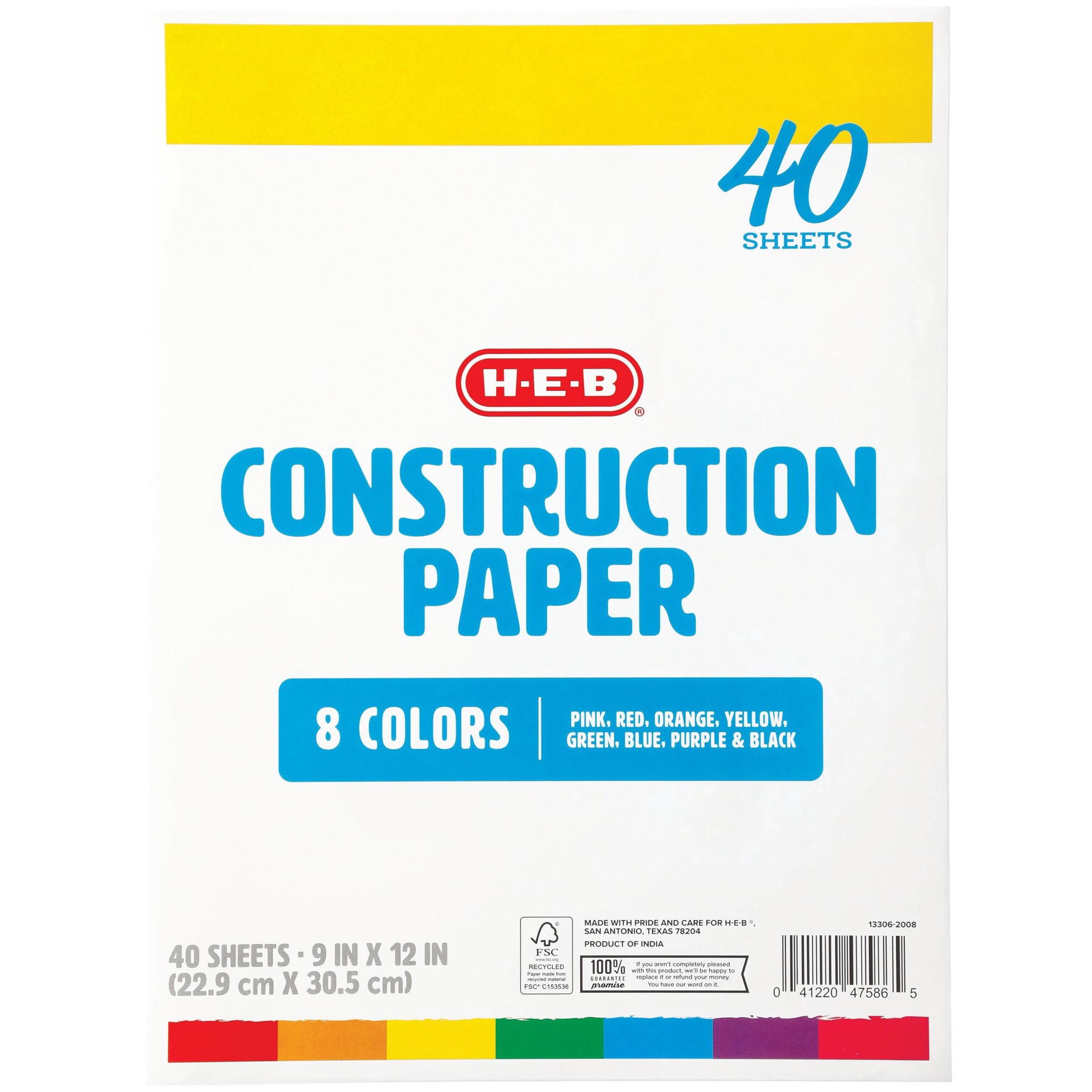 slide 1 of 1, H-E-B 8 Colors Construction Paper, 9 in x 12 in