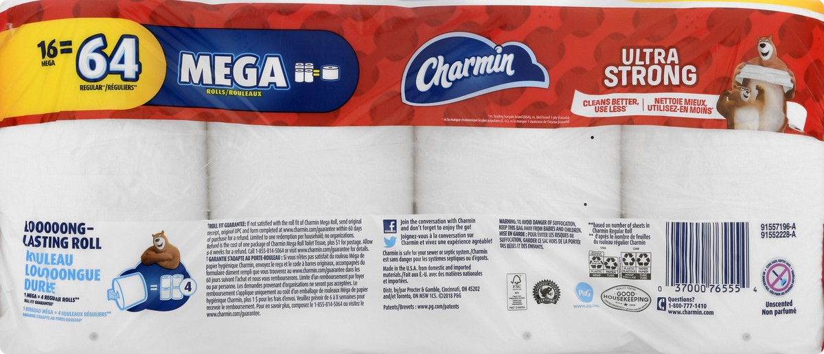 slide 3 of 8, Charmin Ultra Strong 2-Ply Mega Rolls Unscented Bathroom Tissue 4 ea, 16 ct