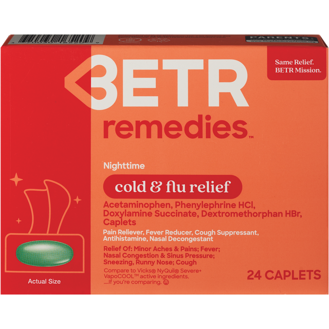 slide 1 of 1, Betr Remedies Nighttime Cold & Flu Relief Caplets, 24 ct