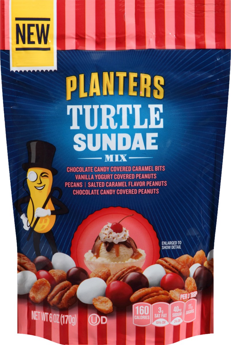 slide 4 of 7, Planters Turtle Sundae Trail Mix Snack with Chocolate Caramel Bits, Vanilla Yogurt Peanuts, Pecans, & Salted Caramel & Chocolate Peanuts, 6 oz