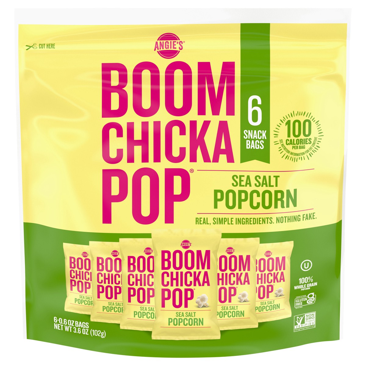 slide 1 of 6, Angie's BOOMCHICKAPOP Sea Salt Popcorn, 0.6 oz. 6-Count, 6 ct