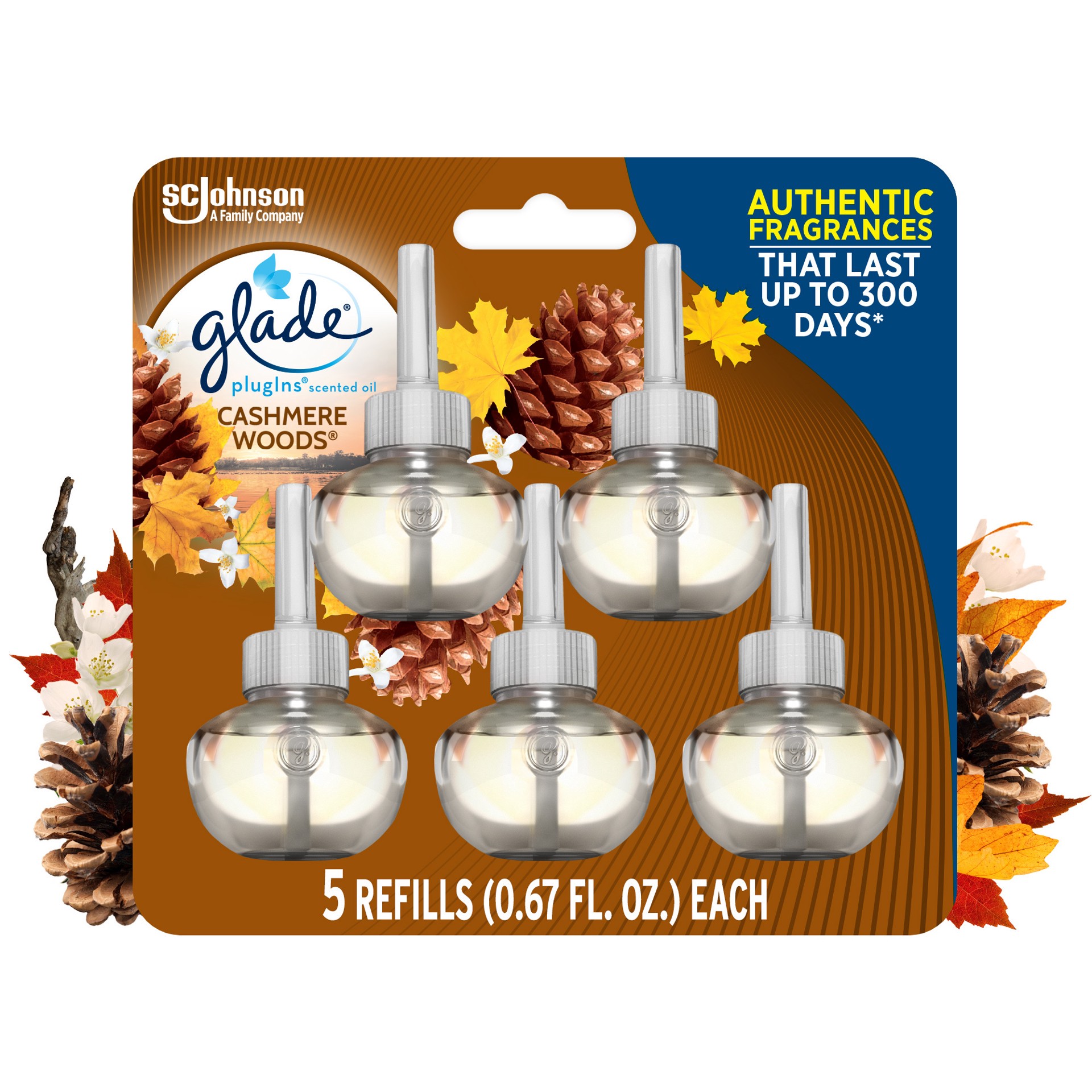 slide 3 of 5, Glade PlugIns Scented Oil Refill Cashmere Woods, Essential Oil Infused Wall Plug In, 3.35 FL OZ, Pack of 5, 3.35 oz