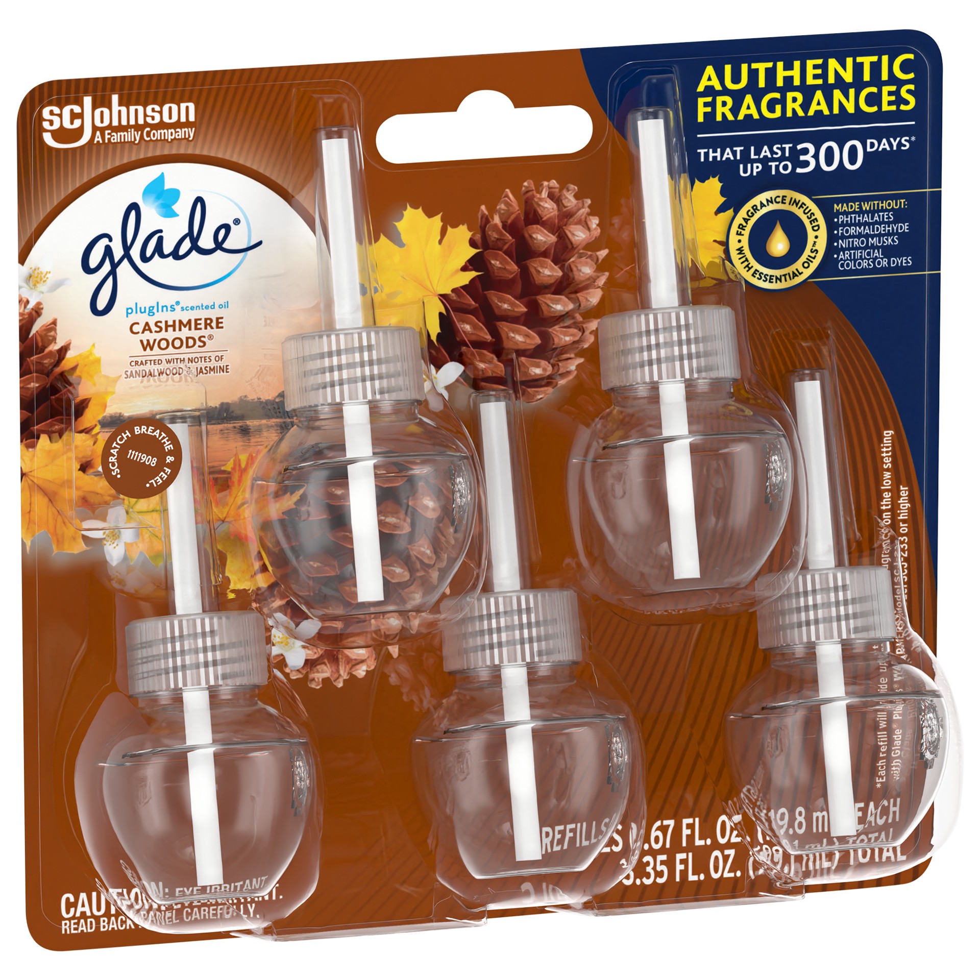 slide 4 of 5, Glade PlugIns Scented Oil Refill Cashmere Woods, Essential Oil Infused Wall Plug In, 3.35 FL OZ, Pack of 5, 3.35 oz