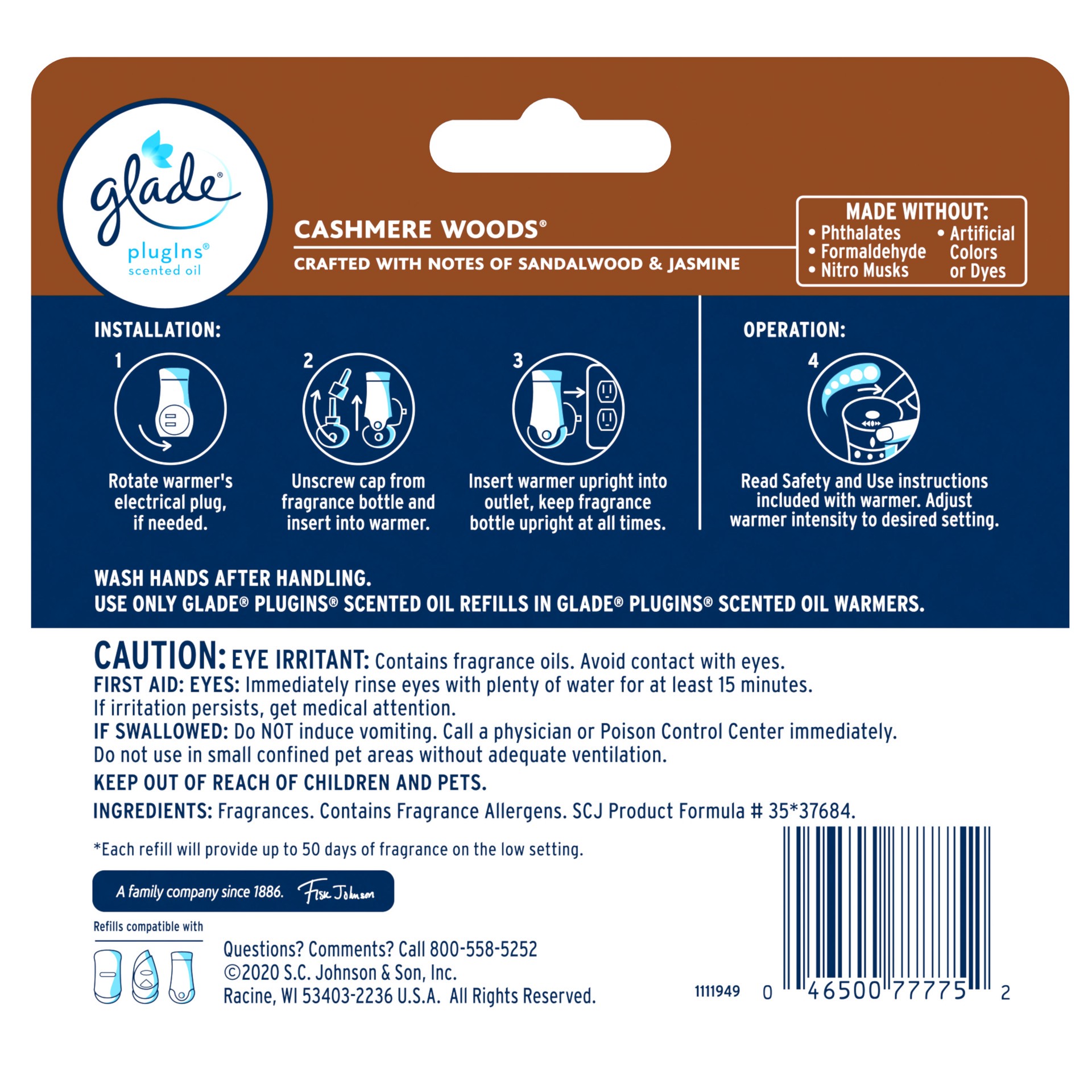 slide 2 of 5, Glade PlugIns Scented Oil Refill Cashmere Woods, Essential Oil Infused Wall Plug In, 3.35 FL OZ, Pack of 5, 3.35 oz