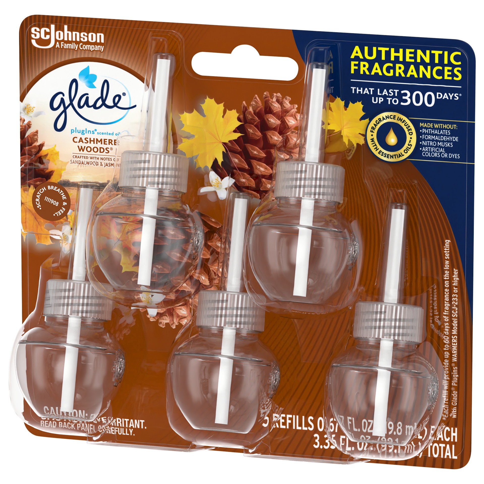 slide 5 of 5, Glade PlugIns Scented Oil Refill Cashmere Woods, Essential Oil Infused Wall Plug In, 3.35 FL OZ, Pack of 5, 3.35 oz