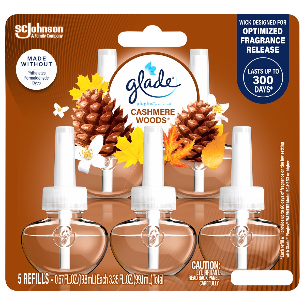 slide 1 of 5, Glade PlugIns Scented Oil 5 Refills, Air Freshener, Cashmere Woods, Essential Oil Infused Wall Plug In, 3.35 FL OZ, Pack of 5, 5 ct