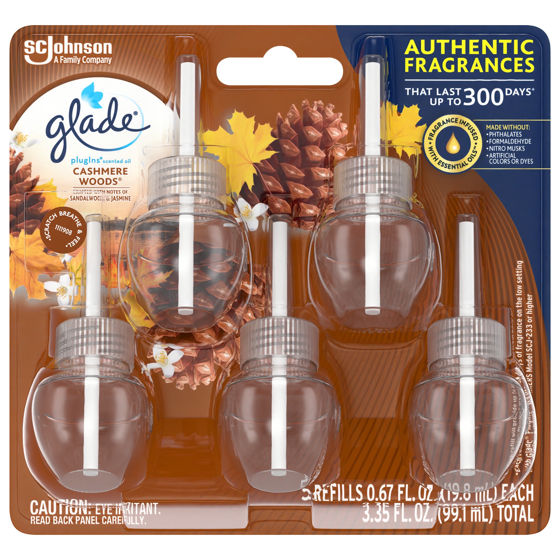 slide 1 of 5, Glade PlugIns Scented Oil Refill Cashmere Woods, Essential Oil Infused Wall Plug In, 3.35 FL OZ, Pack of 5, 3.35 oz