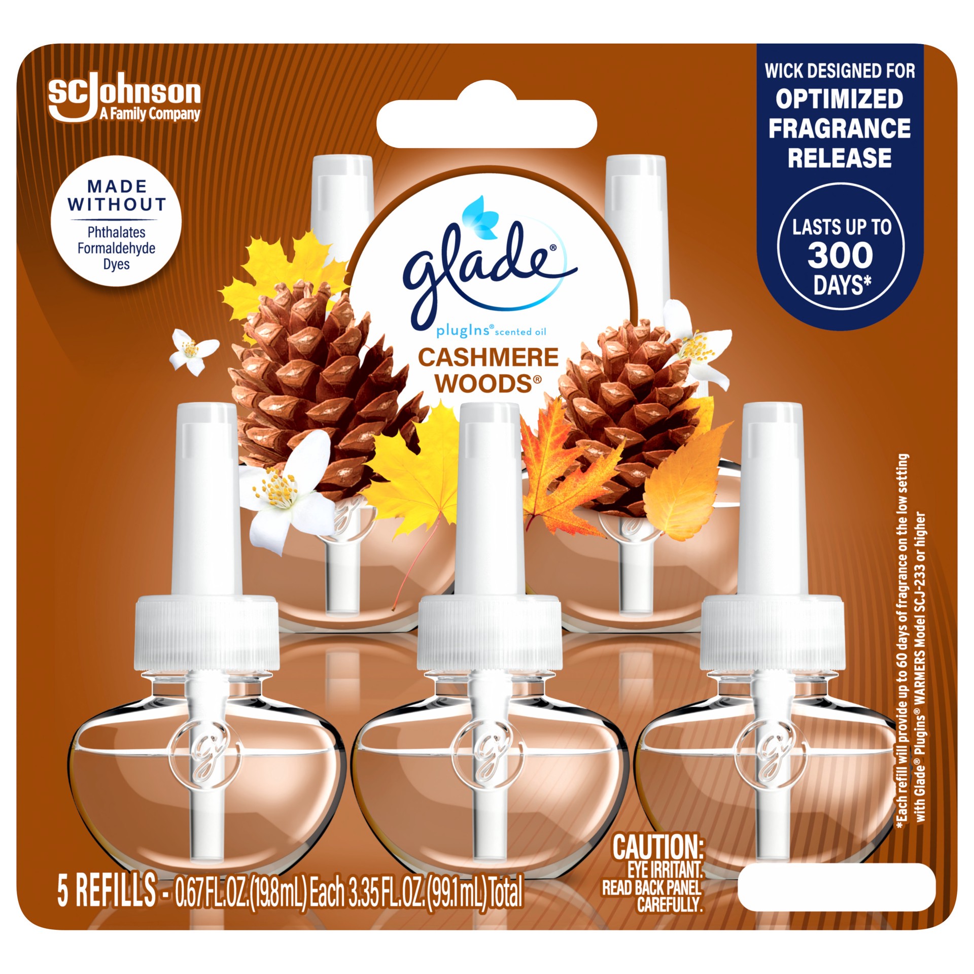 slide 1 of 5, Glade PlugIns Scented Oil 5 Refills, Air Freshener, Cashmere Woods, Essential Oil Infused Wall Plug In, 3.35 FL OZ, Pack of 5, 3.35 fl oz