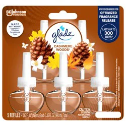 Glade PlugIns Scented Oil 5 Refills, Air Freshener, Cashmere Woods, Essential Oil Infused Wall Plug In, 3.35 FL OZ, Pack of 5